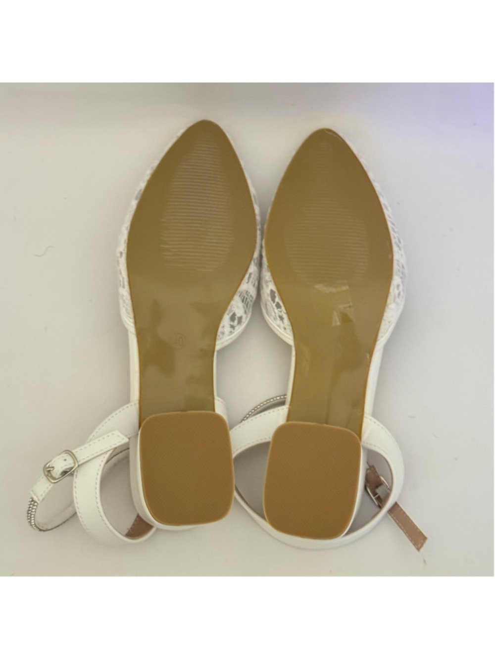 White Lace Low Block Heel Ankle Strap Wedding Shoe Sandals Size 40 - Picture 8 of 10